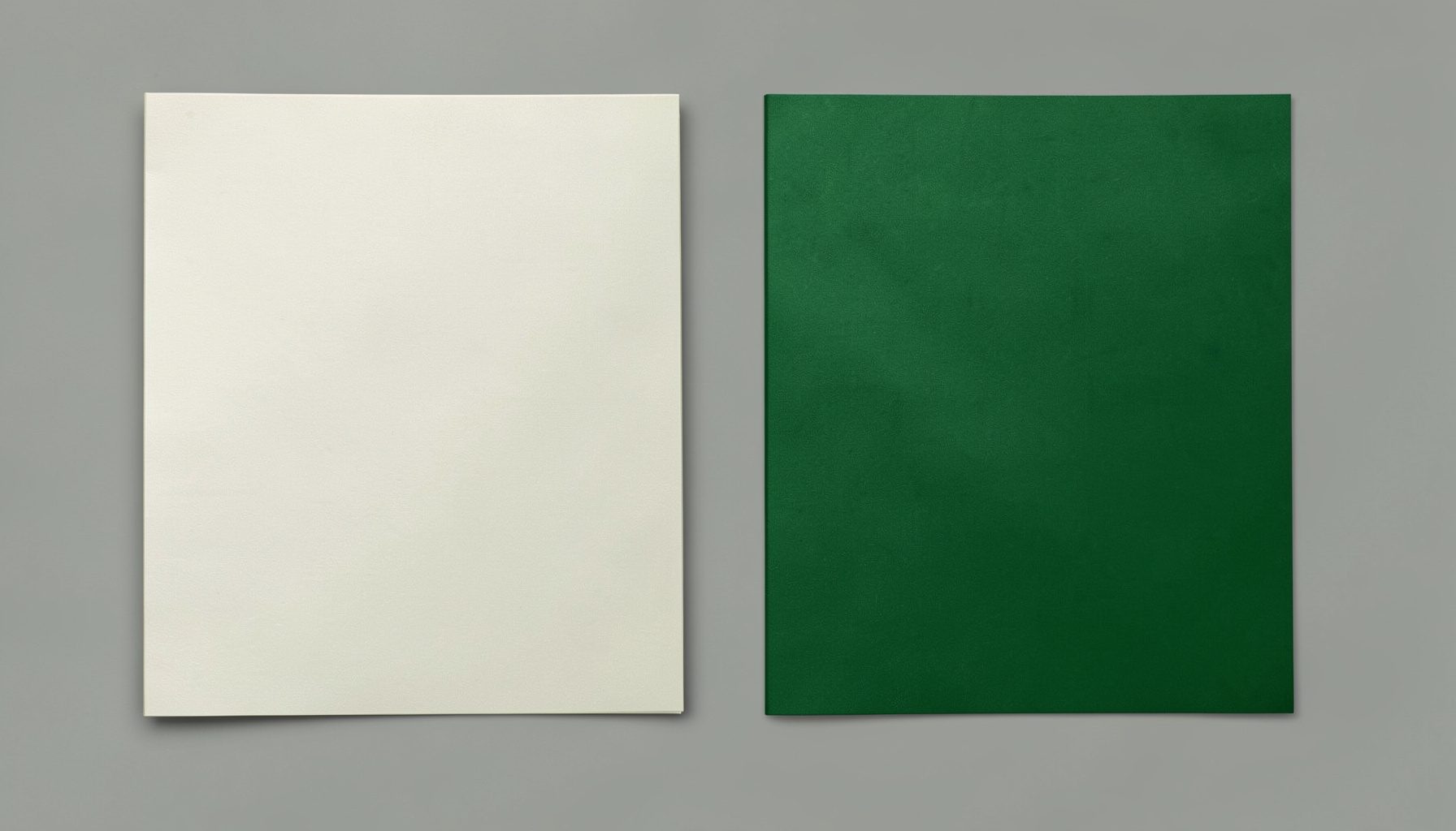 Side-by-side comparison of glossy and matte coated paper samples, one reflecting bright light and the other showing a soft, muted surface, in white and pale gray tones.