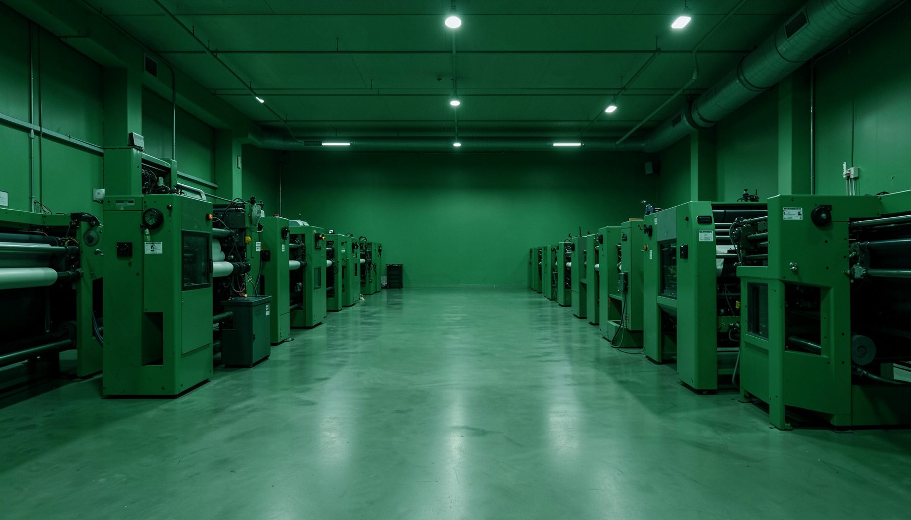 A clean, symmetrical view of a professional print workshop with large printing machines lined up in rows, soft overhead lighting illuminating polished concrete floors, deep green and charcoal tones creating a calm, industrial atmosphere.