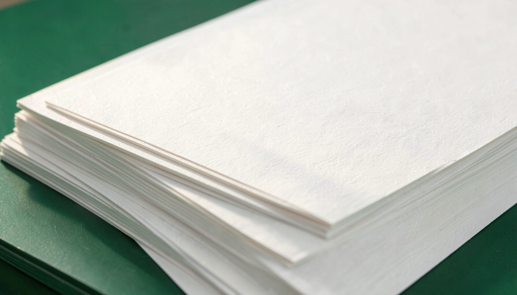 A stack of white paper sheets with soft natural side lighting illuminating the paper texture, clean warm white tones conveying a pristine studio atmosphere.